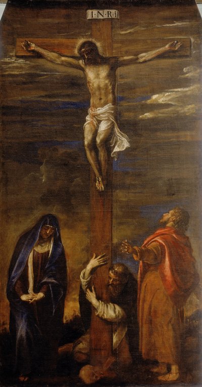 Christus aan het kruis met de Maagd, Sint Jan en Sint Dominicus door Tiziano Vecelli